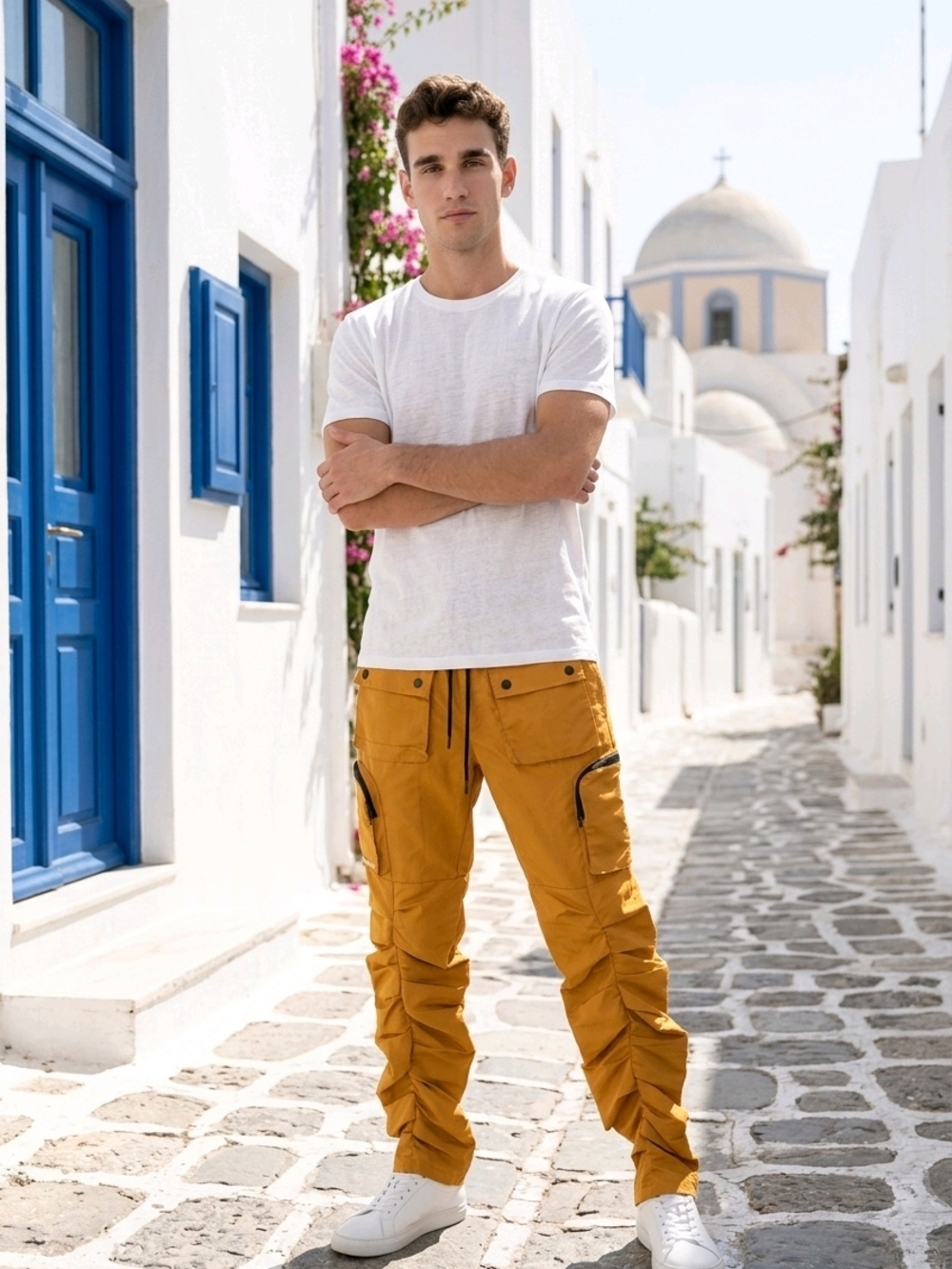 Stacked Flare Cargo Pants S Mustard, a collaboration w/EPTM & Rapper Dave East